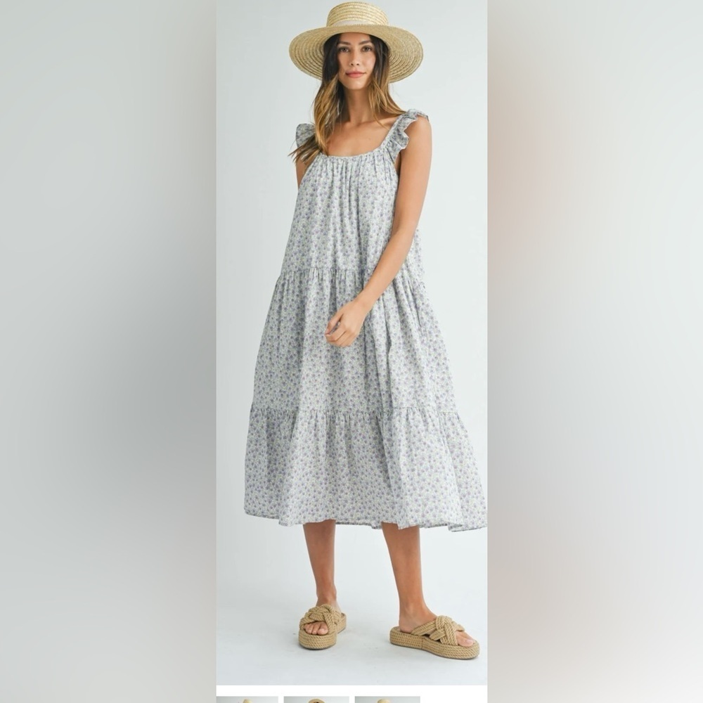 Mable Floral Ruffle Midi Dress in Blue and White